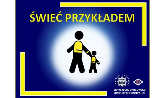logo akcji- osoba dorosła i dziecko w kamizelkach w centrum i napis Świeć Przykładem