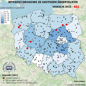 Mapa Polski z zaznaczonymi miejscami wypadków śmiertelnych  w wakacje