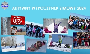 Plakat ze zdjęciami dzieci w czasie zabaw na śniegu i numer 112