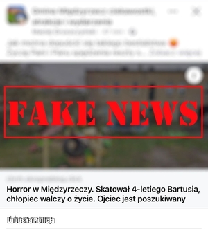 zdjęcie przykładowej informacji i napis Fake News