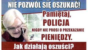 plakat z seniorką i telefonem oraz zasadą bezpieczeństwa