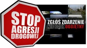 Znak z napisem stop agresji drogowej i zdjęcia z dróg