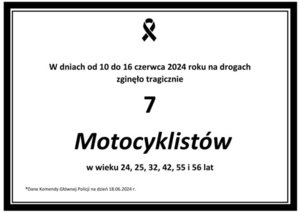 plakat w formie nekrologu z informacją o wypadkach śmiertelnych motocyklistów