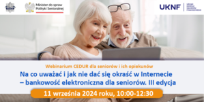 seniorzy przed ekranem laptopa i zaproszenie na webinarium