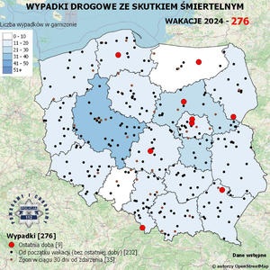 Mapa Polski z naniesionymi miejscami wypadków