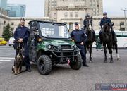 Policjanci z psami , na koniach przy specjalnym pojeździe i na tle Pałacu Kultury i Nauki w Warszawie