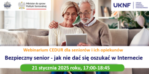 dwie osoby przed ekranem laptopa i nazwa oraz data webinarium