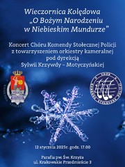 plakat z informacjami o wieczornicy i świątecznym obrazkiem