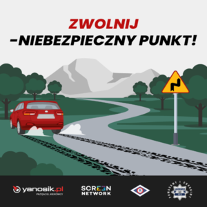 plakat z drogą i samochodem poza jezdnią oraz nazwa akcji