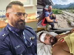 Zdjęcia policjanta w mundurze, w grach i szpitalu