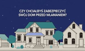Obrazki domów i napis Czy chciałbyś zabezpieczyć swój dom przed włamaniem?