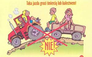 plakat z dziećmi na przyczepie i napis z zakazem