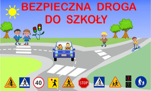 obrazek z okolicą szkoły, pojazdami i osobami