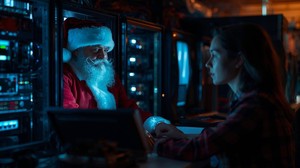 Osoba przed ekranem, na którym jest Mikołaj