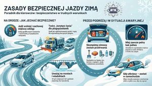 plakat z pojazdami w zimowych warunkach i zasady
