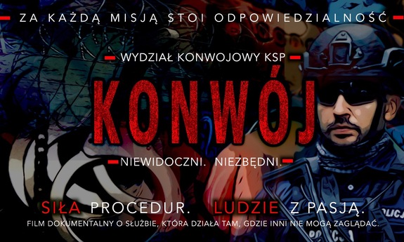 zdjęcie z kadru filmu z nazwą jednostki, policjantami i kajdankami